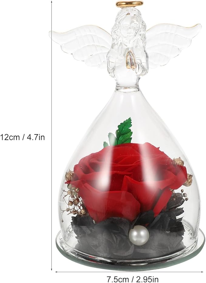 Garneck Eternal Preserved Rose with Angel Figurines in Glass Dome Romantic Desktop Ornament for Birthday Mother's Day Wedding Floral Decoration