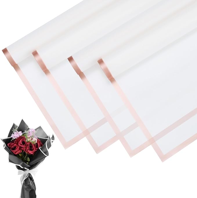 M METERXITY 20 Sheets Flower Wrapping Paper Bouquet, 23 Inch White Gold Edge BOPP Waterproof Floral Wrapping Paper Flower Packaging DIY for Wedding/Party/Birthday/Gift Bouquet Wrap Paper