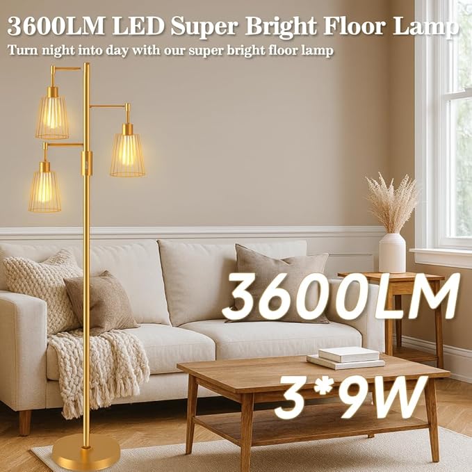 PESRAE Dimmable Industrial Floor Lamp, Farmhouse Floor Lamp Standing Tree Lamp with 3 Elegant Teardrop Cage Heads & Included 3 x 1200LM Edison LED Bulbs, Tall Lamp for Living Room, Bedroom (Gold)