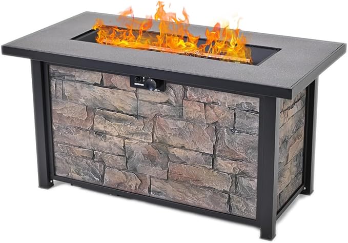 YATEMATE 48" Fire Table with Metal Top, Propane Gas Fire Pit Table, Rectangular Fire Table, 50,000 BTU for Outdoor Use, Including Metal Lid, Lava Rocks & Rain Cover