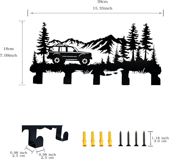 Metal Car Coat Hooks and Key Holder, Mountain Design Wall Art Decor with 5 Hooks, Clothes Hat Rack, and Backpack Hanger, Storage Decor for Living Room, Hallway, Office, Kitchen, Entryway, and Bedroom