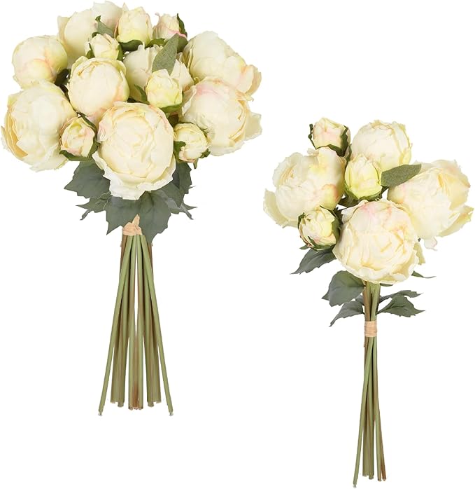 IPOPU Cream White Fake Peonies 2 Bouquets Faux Peony Flowers 14Heads Vintage White Flowers for Flower Arrangements Artificial Centerpiece Home Bridal Shower Decorations (Cream)