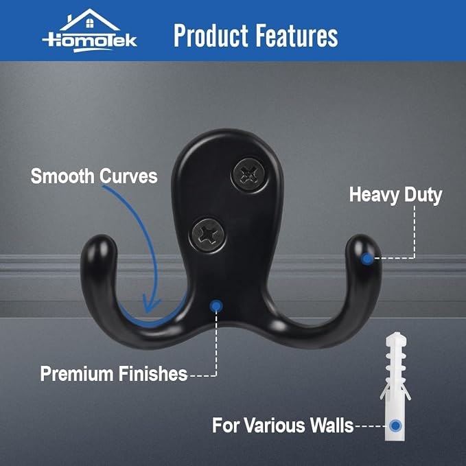 HOMOTEK 10 Pack Heavy Duty Coat Hooks Wall Mounted Double Prong(Left and Right) Rustproof Coat Hook Hardware Retro Dual Robe Hanger for Coat,Towel, Scarf, Hat, Bag, Key, Shoes, Matte Black