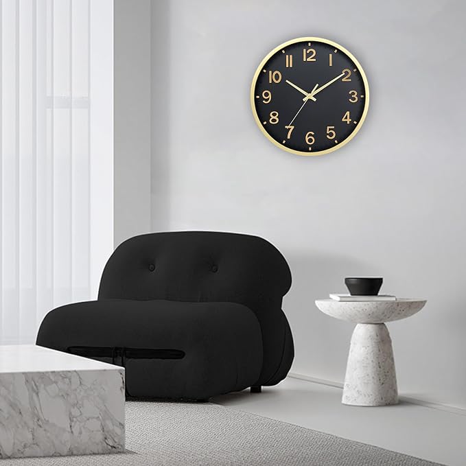 Wall Clocks Battery Operated 12 inch Modern Wall Clock,Silent Non Ticking Wall Clock for Living Room Bedroom Kitchen Office Classroom Decor (Black Gold)