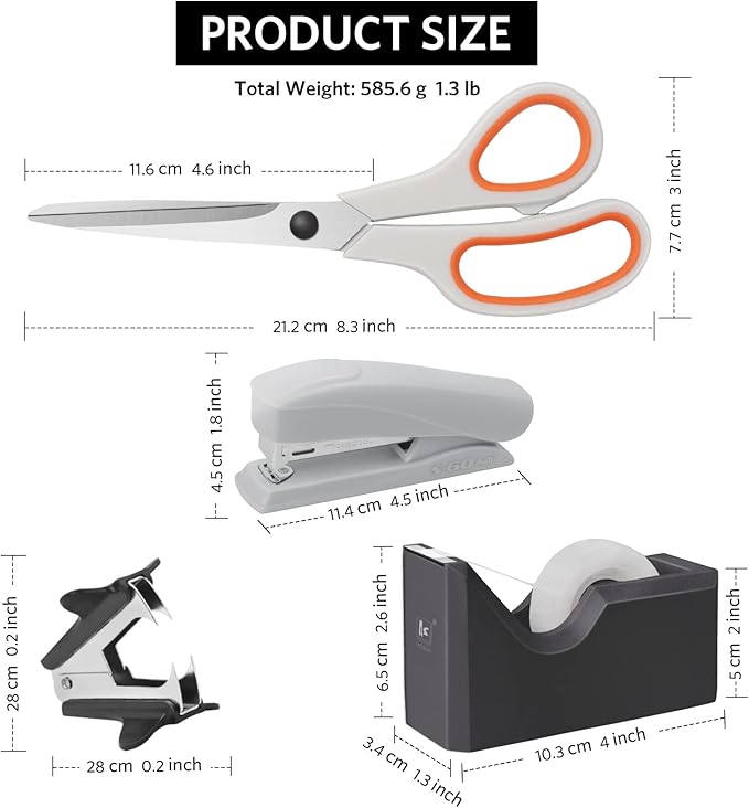 Asdirne Office Supplies Kit, Desk Accessory Set, Including 2 Scissors, 1 Stapler,1000 Pieces 26/6 Staples, 1 Staple Remover, 1 Tape Dispenser and 1 Tape, Perfect Office Partners