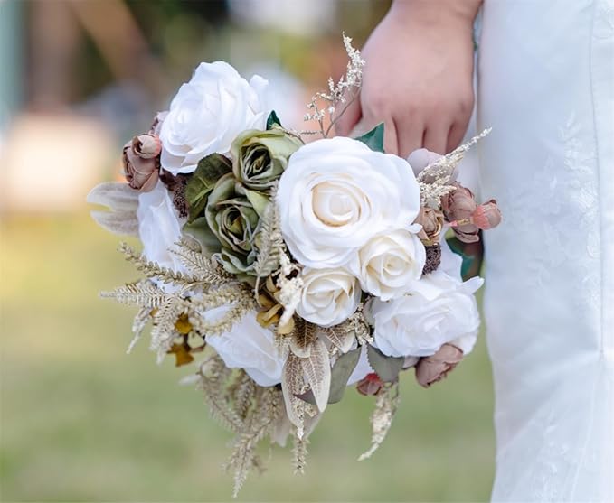 Wedding Bouquets for Bride Bridesmaid Khaki Rose Bridal Bouquet for Bride Artificial Flowers Wedding Tossing Bouquets for Wedding Church Bridal Shower Ceremony Anniversary (Khaki+Ivory)