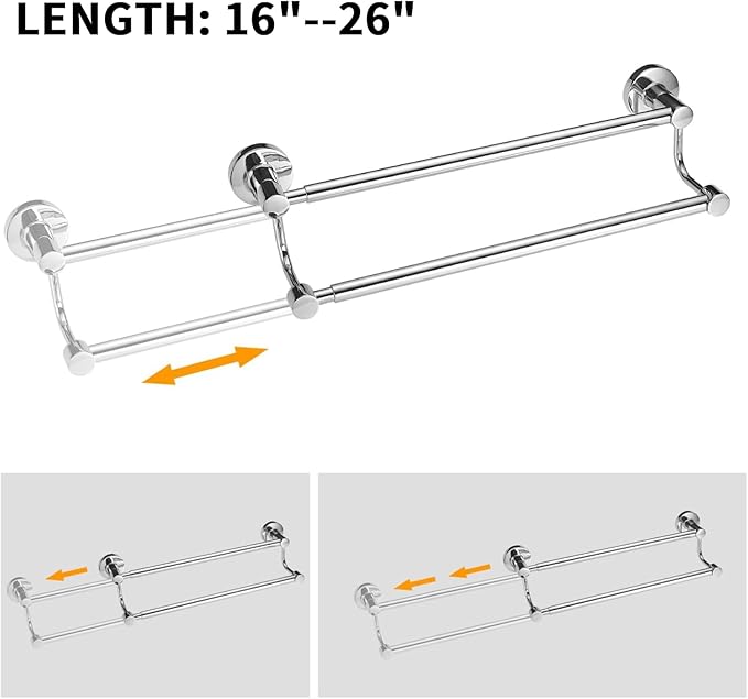 BESy Adjustable 16-26 Inches Double Bath Towel Bar for Bathroom SUS304 Stainless Steel Towel Holder, Hotel Style Wall Mount with Screws Hand Towel Bar Towel Rack Rod Hanger, Polished Chrome Finish