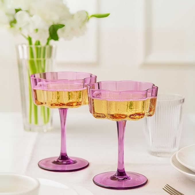 Khen Flower Vintage Wavy Glass Coupes Martini, Champagne & Cocktail Coupes - Set of 2-7oz Colorful Cocktail Glasses & Champagne, Prosecco, Mimosa Glassware Copyright Design - Amethyst Purple
