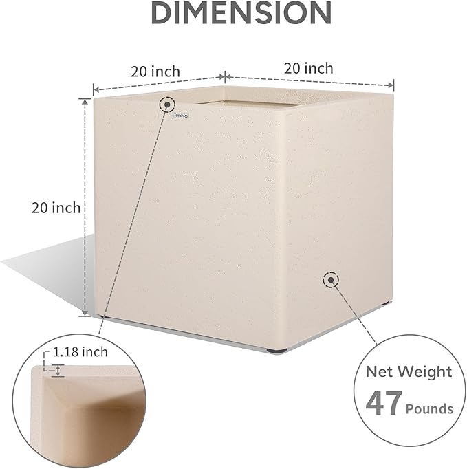 20 Inch Square Concrete Planter（20Lx20Wx20H，48 Pounds）,Durable All-Weather Use with Drainage Holes,Large Square Planter for Outdoor Indoor Plants