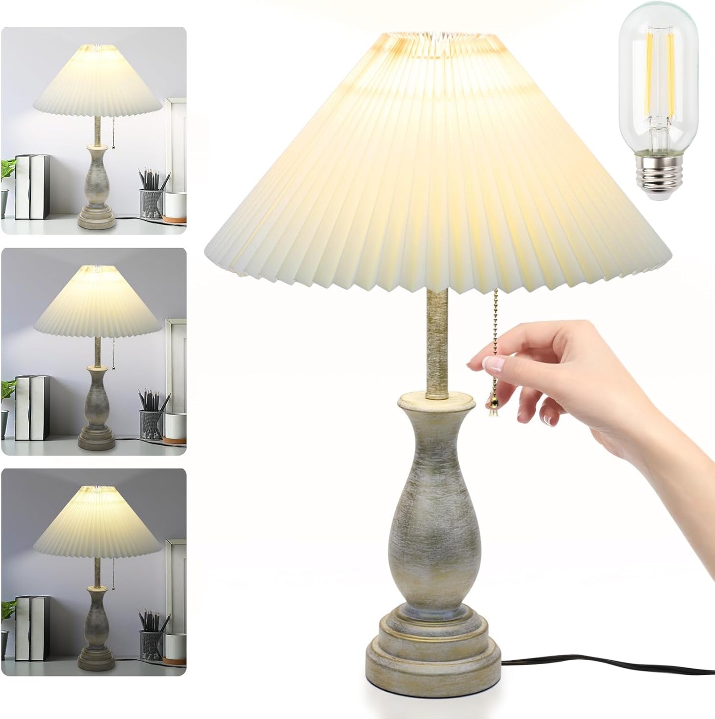 Skiennix Farmhouse Table Lamp - 3-Way Dimmable Nightstand Lamp with Fabric Shade | Modern Design for Living Room & Bedroom