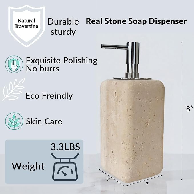 Travertine Stone Soap Dispenser Natural Organic Bathroom Soap Pump with Metal Push Pump, Elegant Square Hand Lotion Jar, Premium Heavy Duty Pump Bottle Lotion Jar for Kitchen/Laundry Room(Ivory White)