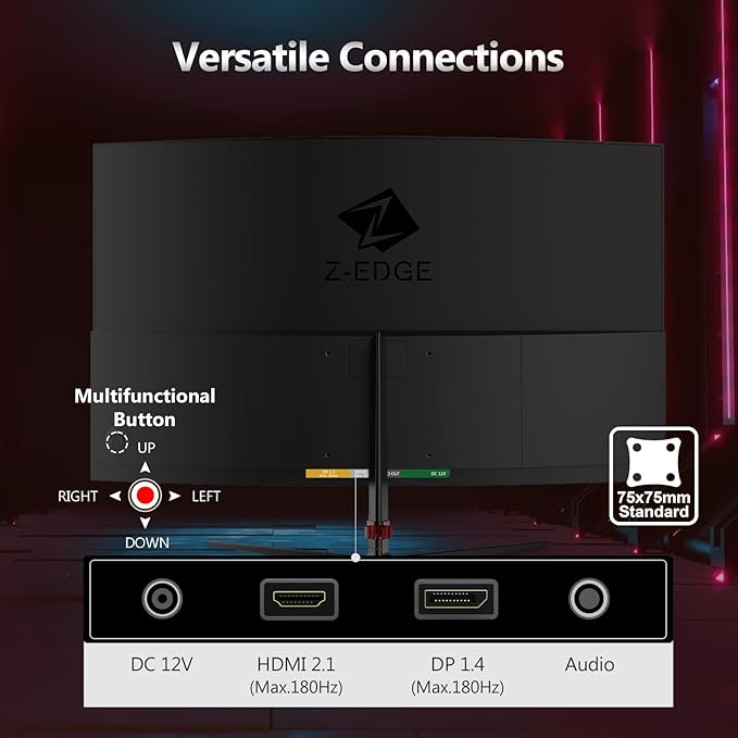 Z-Edge 24 inch Gaming Monitor, 180Hz 165Hz Curved 1650R Computer Monitor, FHD 1080P, Ultra-Fast MPRT 1ms Curved Monitor, 300nits, 16.7M Colors, UG24 1X DP 1.4 Port and 1X 2.1 HDMI Port