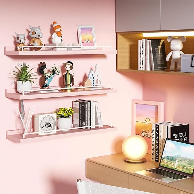 RYOFOBETTO 22 inches Long Floating Shelves, Bathroom Decor Shelves Over Toilet, Farmhouse Wall Shelves for Living Room, Bedroom, Picture Frames, Plants, Kitchen, Set of 3 (Pink and White)