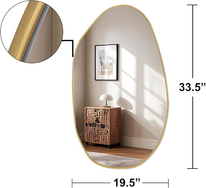 BOMINICA Irregular Wall Mirror Asymmetrical Mirror, Decorative Wall Mirror Golden Wood Framed, Wall Mounted Mirror for Bathroom Living Room Entryway Bedroom Hallway (Gold, 19.5" x 33.5")