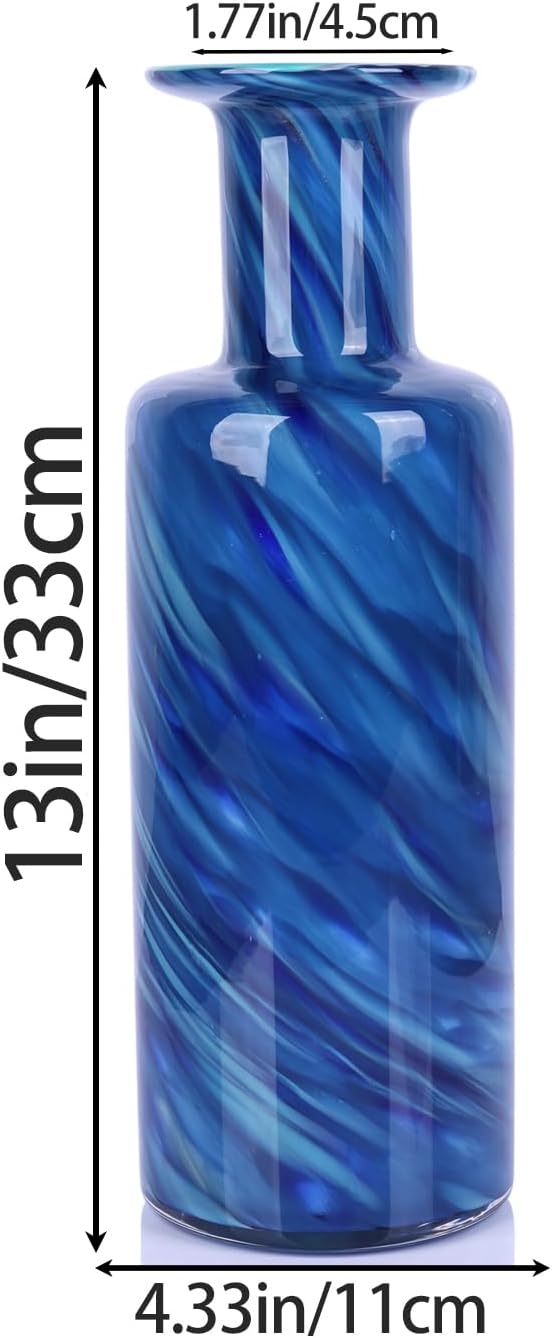 13" H Hand-Blown Glass vase, Modern Art Glass Cylindrical vase, Blue Glass Decorative vase, Ideal for Living Room Dining Table centerpieces, TV Console, Office, or Console Table Decor.