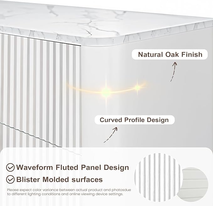 Fluted 6 Drawers Dresser for Bedroom,52" Wide Handleless Chest of Drawers with Faux Marble Top, Wooden Dresser TV Stand, Wood Drawer Organizer for Living Room, Hallway, White
