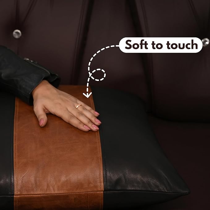D DOLLY LAMB Lambskin Leather Pillow Cover - Sofa Cushion Case - Decorative Throw Covers for Living Room & Bedroom, 20x20 Inches - Black and Tan Crunch Plain