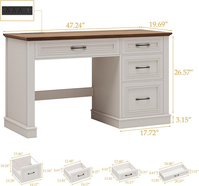 Farmhouse 47" Executive Desk, Computer Desk with Drawers and File Drawer, Workstation Computer Desk with Charging Station for Home Office,Study (Unique White)