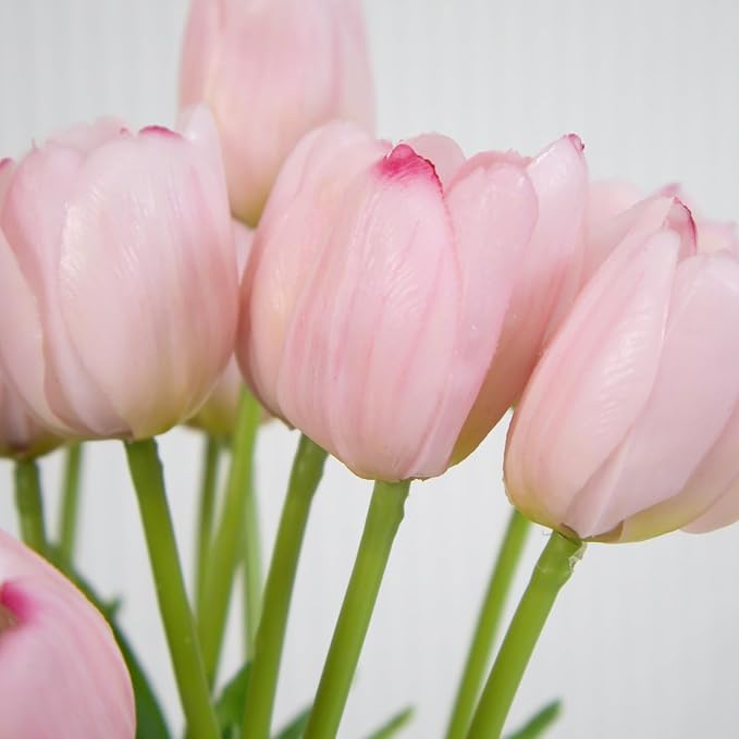 20 Artificial Tulips in Fluted Glass Vase, Waterproof Faux Flowers Bouquet for Wedding Home Office Decor, Table Centerpiece, Housewarming Birthday Gift Set (Pink)