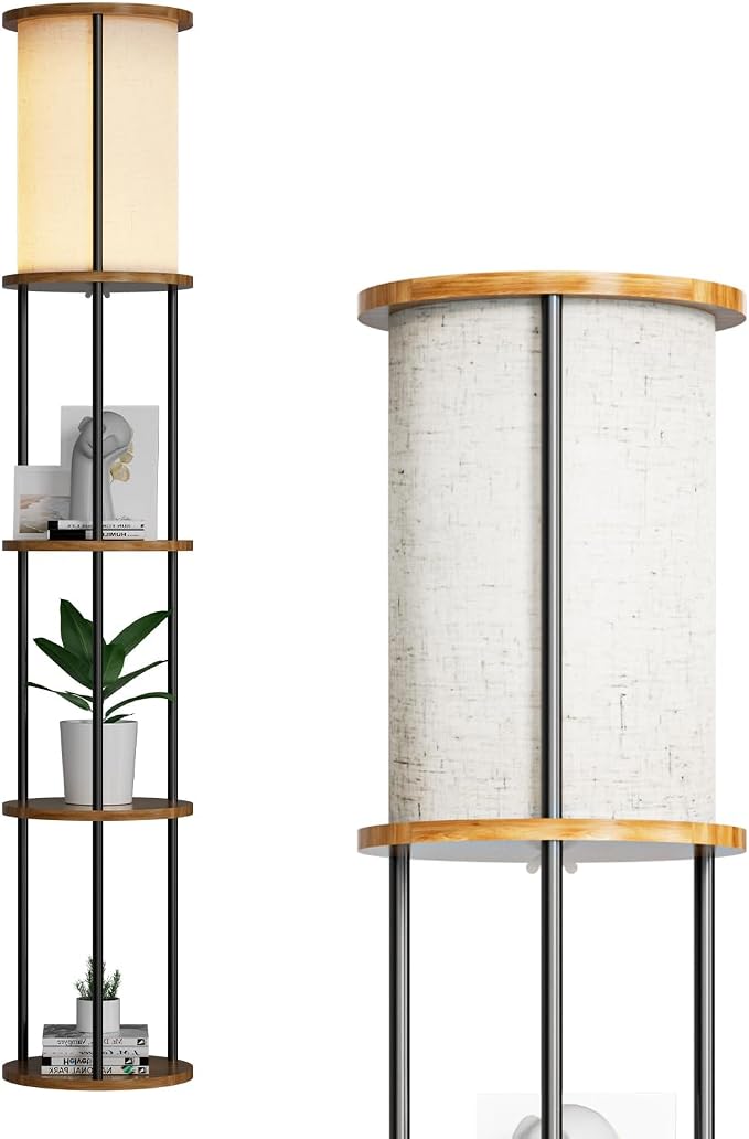 Lightdot 61" Floor Lamp with Shelves, Modern Black Standing Lamp with Fabric Shade and 3- Tier Solid Wood Table Attached, Corner Bookshelf Lamps with Bulb Included for Sofa Beside/Corner Decor