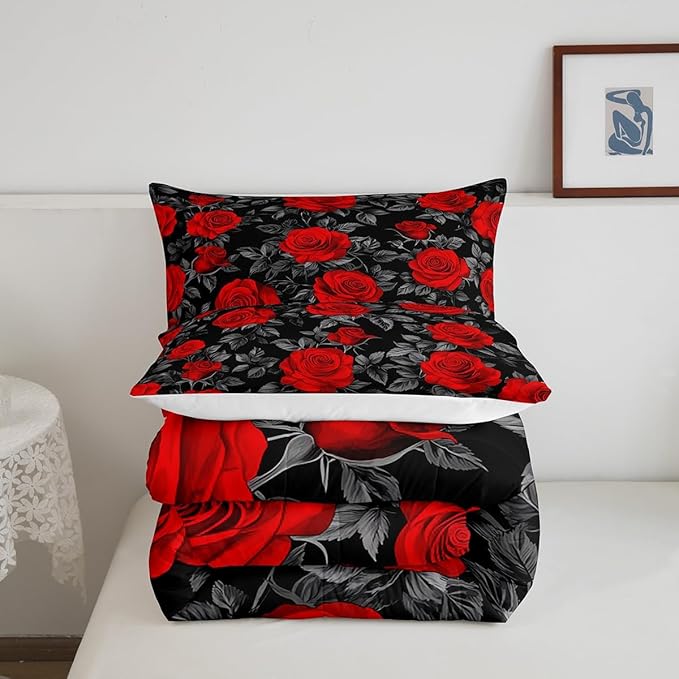 Castle Fairy Kids Red Flowers Comforter Set Queen Size,Rose and Grey Leaves Print Bedding Gift for Children Adult Xmas Present,Gothic Floral Plant Theme Polyester Quilt Set with 2 Pillowcases