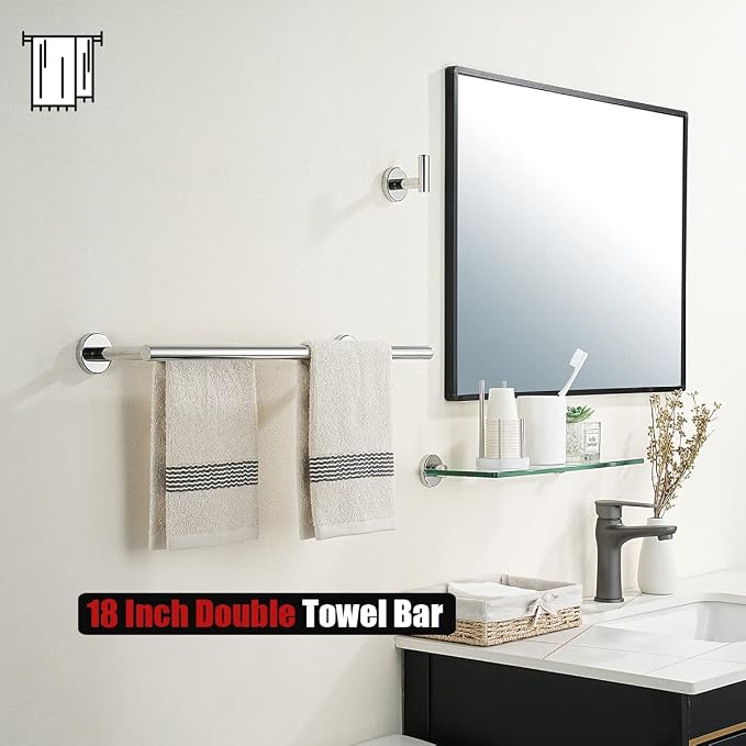 JQK Double Towel Bar Chrome, 20.5 Inch 304 Stainless Steel Thicken 0.8mm Towel Rack Bathroom, Towel Holder Polished Steel Wall Mount, Useable Length 18 Inch 2 Pack, TB100L18-CH-P2