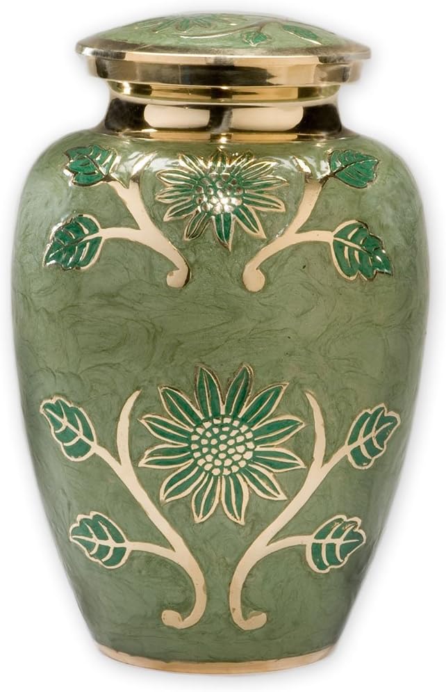 Green Garden Brass Large Cremation Urn | Unique Brass Funeral Urn with Gold & Green Enamel Details | Large