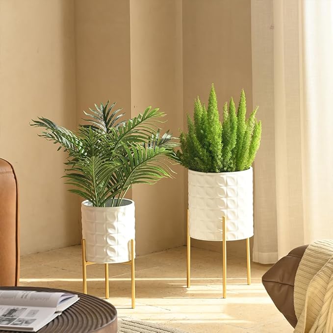 Modern Planter Pots, Set of 2 White Planters with Stand, Decorative Planters, Metal Pots with Drainage Holes for Living Room, Office, Garden