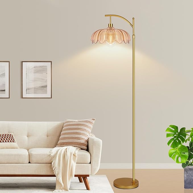 QIYIZM Floor Lamp for Living Room,Bedroom,Gold Dimmable Standing Lamp with Remote,Mid Century Modern Brass Tall Lamp Retro Vintage Glass Lamp Floor Light Boho Bohemian