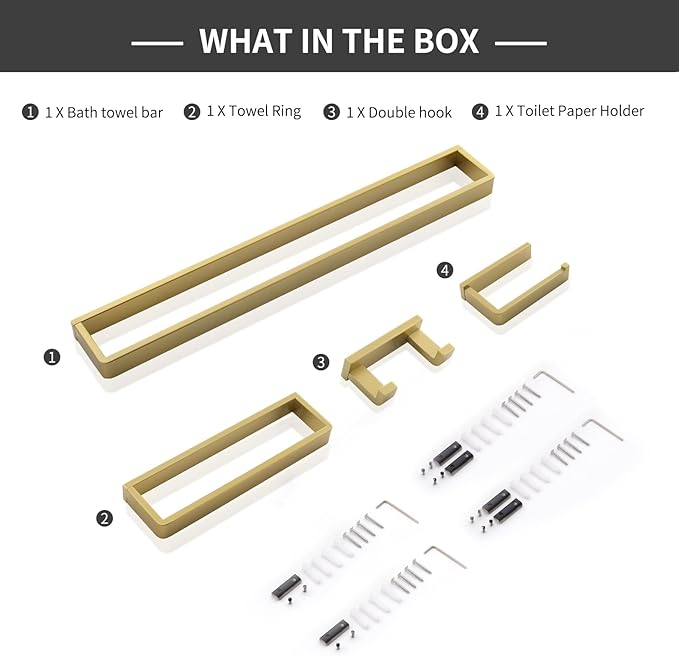 Bathroom Hardware Accessories Set Brushed Gold Towel Bar Set Square Bathroom Accessories Kit 4-Piece Towel Holder Set Stainless Steel Wall Mounted,23.6 Inch Towel Bar