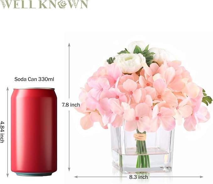 WELL KNOWN Fake Flowers in Vase, Hydrangea Ranunculus Artificial Flowers with Vase, Silk Faux Floral with Faux Water Arrangements Centerpiece for Office Dining Table Home Hotel Wedding Decor (Pink)