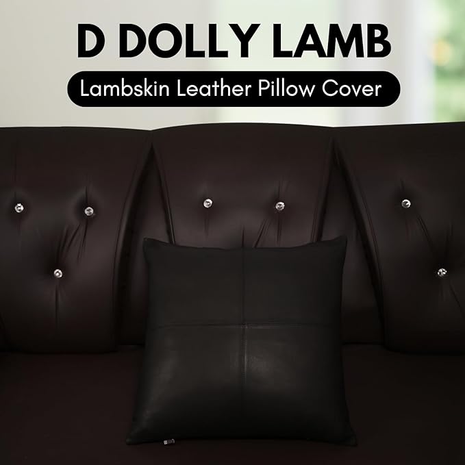 D DOLLY LAMB Lambskin Leather Pillow Cover - Sofa Cushion Case - Decorative Throw Covers for Living Room & Bedroom, 16x16 Inches - Black (02) Pack of 2