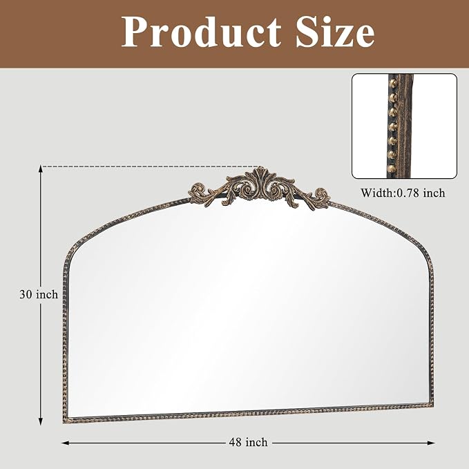Vintage Black Arched Mirror 48"X30", Large Antique Baroque Mantel Wall Mirror with Black Brush Gold Metal Ornate Frame for Entryway/Fireplace/Living Room/Hallway/Bathroom/Bedroom