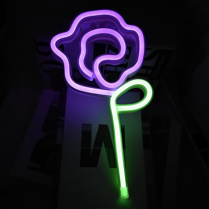 Rose Neon Sign - rose Flower with Green Stem Neon Art Wall Decor USB or 3-AA Battery Powered Operated for Girls Bedroom Birthday Gift Party Wedding Rose Lights for Bedroom (Red&Purple)