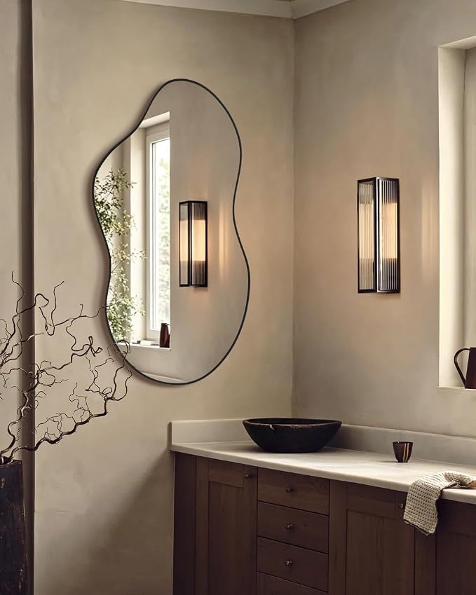 Irregular Asymmetrical Wall Mirror 26x48 Inches - Decorative Tempered Glass with Modern Aluminum Alloy Frame, Black Abstract Cloud Mirror for Bathroom, Bedroom, Living Room, Entryway, Cloakroom