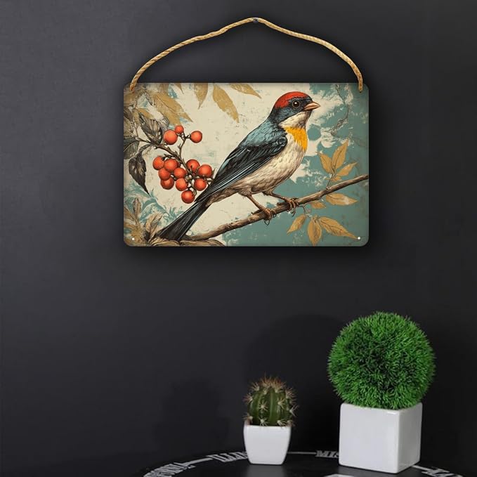 Vintage Bird Themed Wood Plaque Wooden Wall Decor 12x8 Inch Farmhouse Home Decor Entryway Kitchen Bedroom Nursery Art for Nature Lovers Rustic Hanging Decors