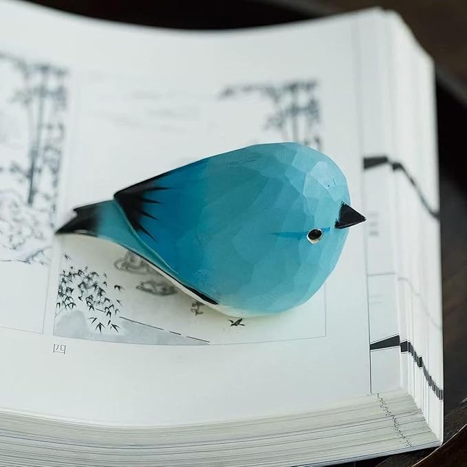 Handmade Wooden Blue Robin Figurine - 3.7" Hand-Carved & Painted Bird Statue - Solid Basswood Animal Sculpture for Home Office Decor, Holiday Ornaments & Memorial Gift for Bird Lovers