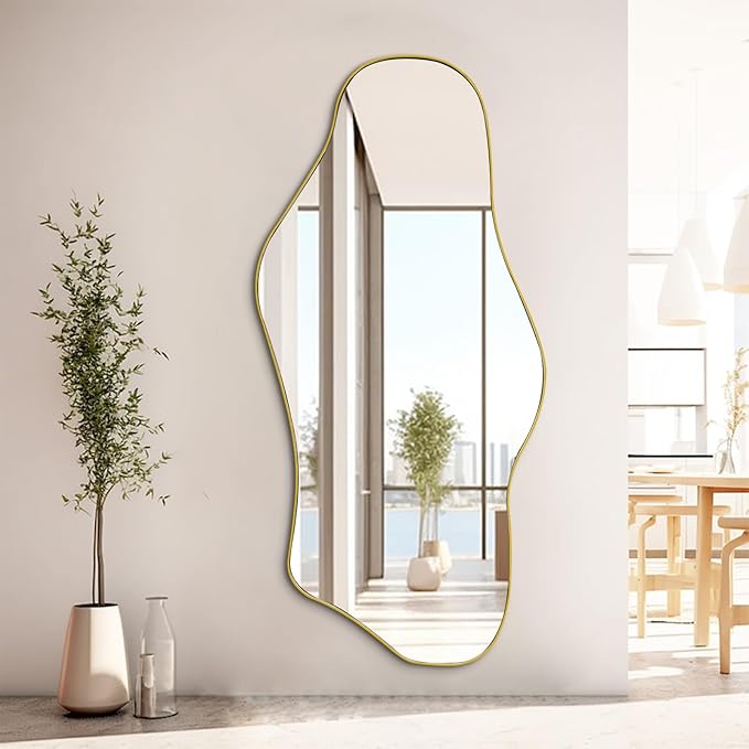 Irregular Mirror Full Length, 63.4"x29" Large Asymmetrical Mirror with Gold Metal Frame, Modern Abstract Wall Mirror for Living Room Bedroom Entryway, Hangs Vertically or Horizontally