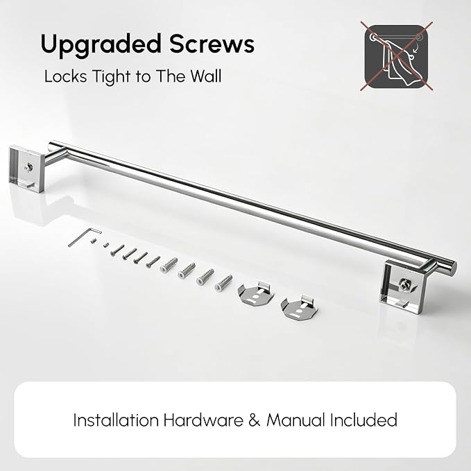 USHOWER Polished Chrome Towel Bar, 24 Inch Towel Racks for Bathroom Wall Mounted, 304 Stainless Steel Towel Holder with Square Base, Modern Home Decor (Total Length 26 Inch)