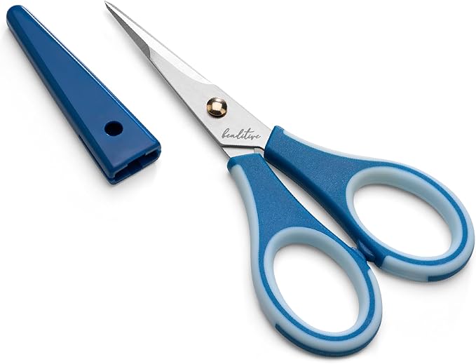 Beaditive Precision Craft Scissors - Ultra Sharp Stainless Steel Blades & Non-Slip TPR Handles - Adult & Kid Scrapbooking Scissors With Safety Cap For Home, Office, School (Blue)