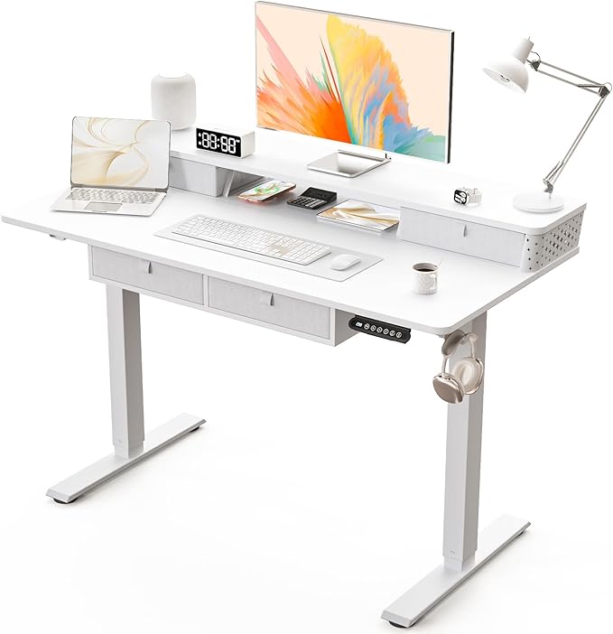 Electric Standing Desk with 4 Drawers 48''x 24'' Adjustable Height Sit to Stand Up Desk with Storage Shelf, C-Clamp Mount Compatible Black Home Office Desks Computer Gaming Table Ergonomic Workstation