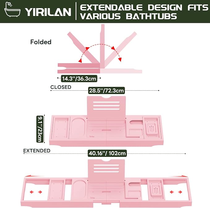 Premium Bathtub Tray Caddy, Expandable Bath Tray, Unique House Warming Gifts, New Home, Anniversary and Wedding Gifts for Couple, Pink