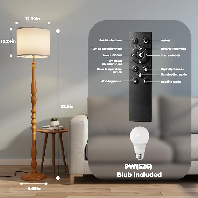 LALISU Wood Floor Lamp for Living Room,Farmhouse Standing Lamp with Remote & Dimmable 9W Bulb, Mid Century Standing Tall Lamps for Bedroom Corner Floor Lamps for Nursery, Office, Reading (Rosewood)
