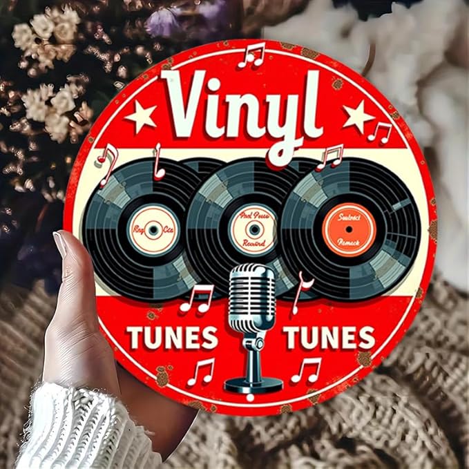 Vintage Aluminum Metal Sign - Vinyl Tunes Round Wall Art - Classic Records & Retro Microphone Design - Ideal for Bar, Cafe, Music Room Decor - 7.8" Diameter