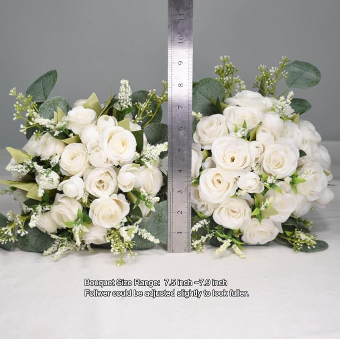 Wedding Bouquets for Bride Bridesmaid, 7.8" White Ivory Bouquet Artificial Silk Roses Flowers with Eucalyptus for Wedding Church Decoration