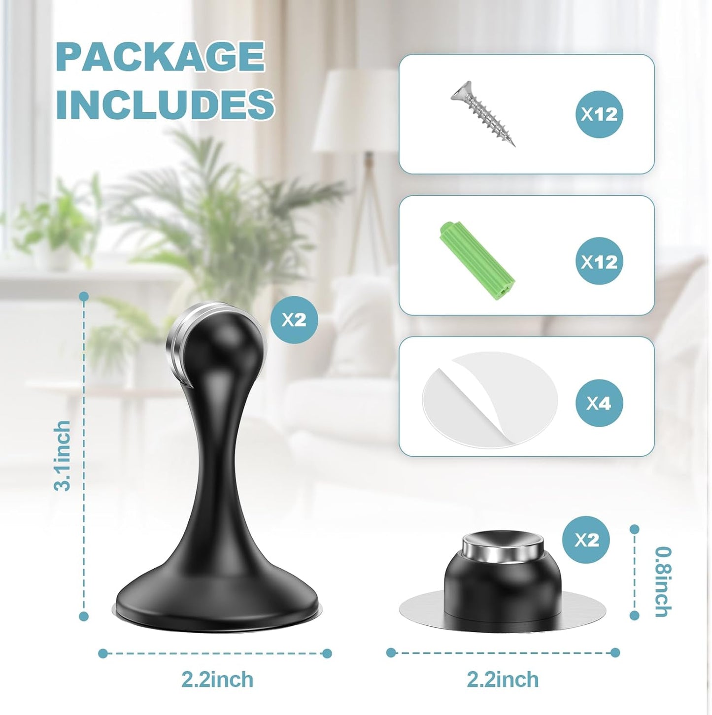 Skiennix Magnetic Door Stoppers - Stainless Steel Wall & Floor Mounting | No Drilling, 2 Pack, Black