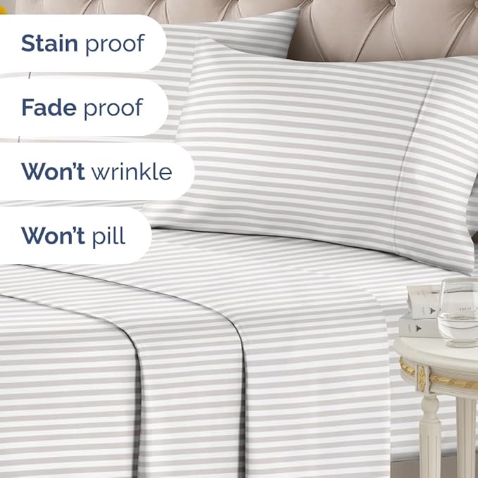 Light Grey and White Striped Sheets - 1 Flat & 1 Fitted Sheet & 2 Pillowcases w/ Deep Pockets - Wrinkle & Fade Resistant, Ultra-Soft, Breathable & Cooling - Luxury Pinstripe Bedding - Full Size