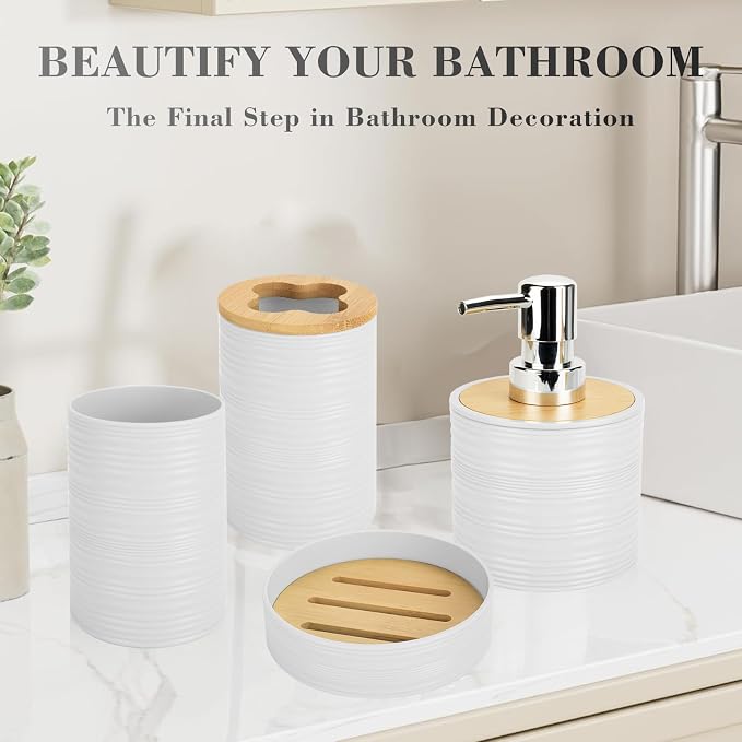 4 PCS White Bathroom Accessories Set, Includes a Soap Dispenser, Toothbrush Holder, Soap Dish and Mouthwash Cup, Plastics & Bamboo Bathroom Set, Bohemian Style Bathroom Sink Set