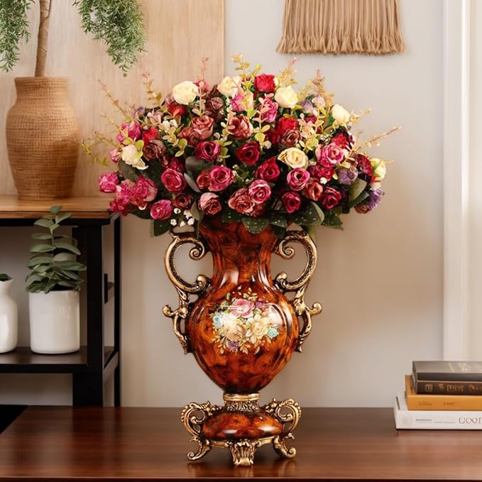 European Golden Resin Vintage Vase Set with Artificial Flowers, Retro Fake Floral Arrangement for Wedding Party Home Table Decor Centerpiece