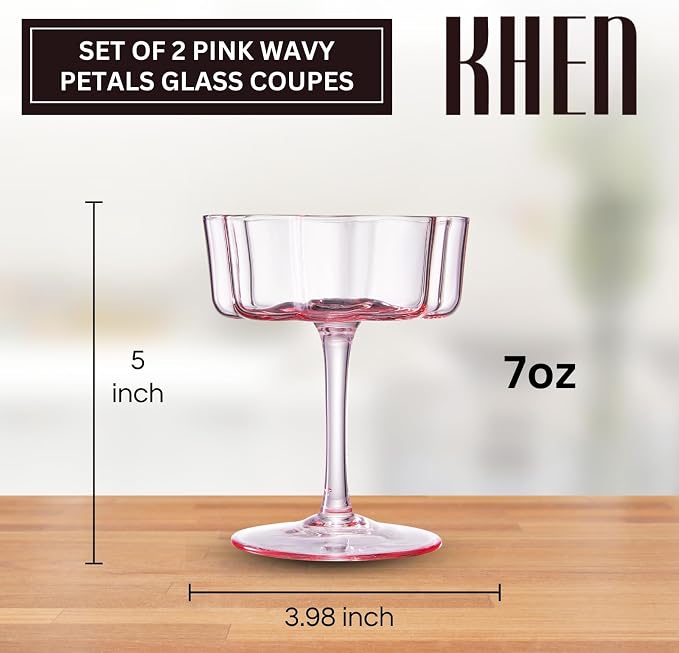 Khen Flower Vintage Wavy Petals Wave Glass Coupes 7oz Colorful Martini, Champagne & Cocktails - 2 Set - Rippled & Champagne Glasses, Bar Glassware Copyright Design (Pink)